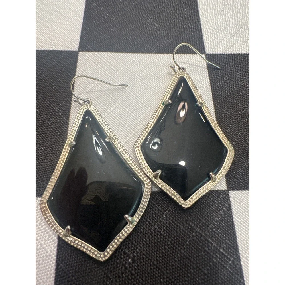 Kendra Scott Alex Drop Earrings Black Opaque Glass Rhodium Silver Tone Filigree